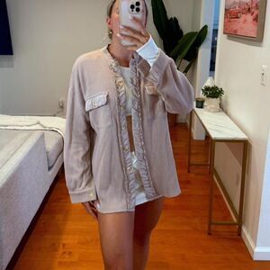 Cream & Tan Waffle-Knit Button Front Top – Size M